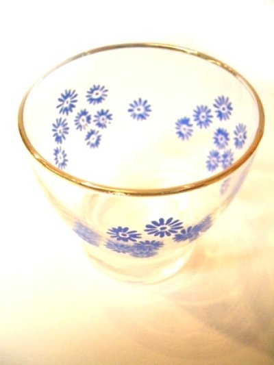 画像1: デッドストック　70sグラス 青の花柄(金の飲み口)