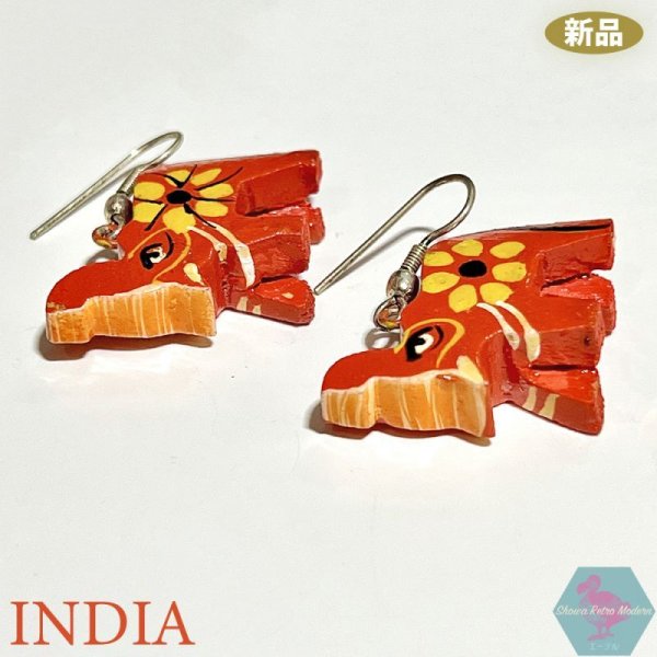 画像3: 【送料無料】新品 インド 木彫り ピアス 赤い象 手描き (3)