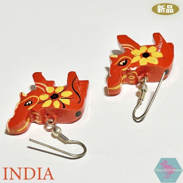 画像5: 【送料無料】新品 インド 木彫り ピアス 赤い象 手描き (5)