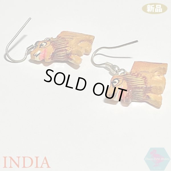 画像3: 【送料無料】新品 インド 木彫り ピアス ライオン 手描き (3)