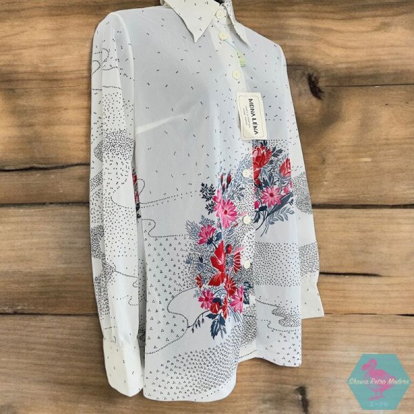 画像3: デッドストック MONA LENA 柄シャツ ブラウス  70s レトロデザイン 花柄 総柄 レディース 古着 Mサイズ相当 9号サイズ 高島屋 (3)