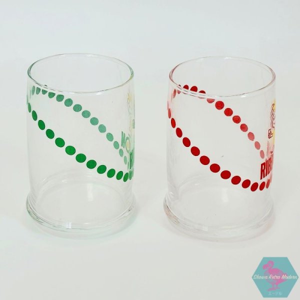 画像4: リボンシトロン ゆらゆらくるくる回るグラス 赤と緑の6個ペアセット 1970年代 販促品 非売品 昭和レトロ リボンちゃん retro glass cup green&red (4)