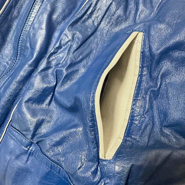 画像8: 80年代ヴィンテージ ドルマンスリーブ レザージャケット ブルーと白のパイピング 切り替えデザイン (8)