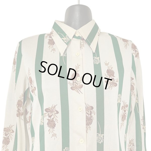 画像2: 70年代  ストライプと植物柄 ベージュ×グリーン 昭和レトロ 柄シャツ ブラウス LOUIS JOONE (2)