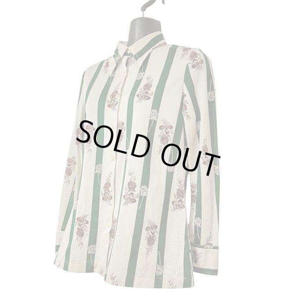 画像4: 70年代  ストライプと植物柄 ベージュ×グリーン 昭和レトロ 柄シャツ ブラウス LOUIS JOONE (4)