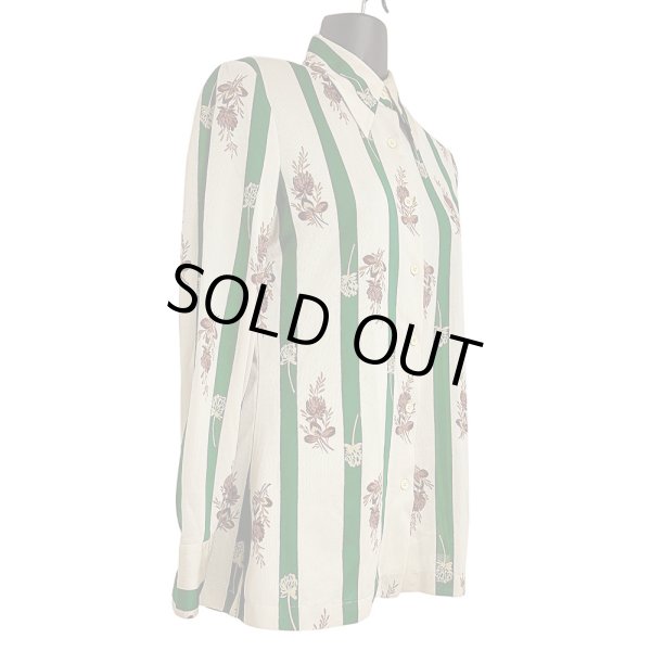 画像5: 70年代  ストライプと植物柄 ベージュ×グリーン 昭和レトロ 柄シャツ ブラウス LOUIS JOONE (5)