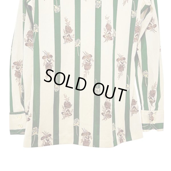 画像8: 70年代  ストライプと植物柄 ベージュ×グリーン 昭和レトロ 柄シャツ ブラウス LOUIS JOONE (8)