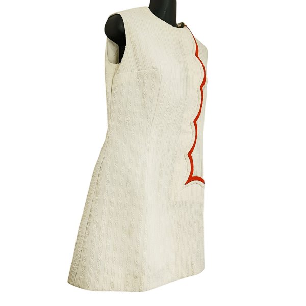 画像7: ヴィンテージ ヨーロッパ製 60’s クリームカラーに朱色のカーブデザイン ノースリーブAラインワンピース Willene (7)