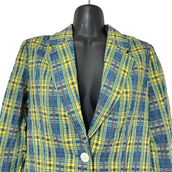 画像2: 昭和レトロ 80’s ワッシャー加工 テーラードジャケット コットン イエローとブルーのチェック レディース FUTABA  80’s Check Pattern Tailored Jacket (2)