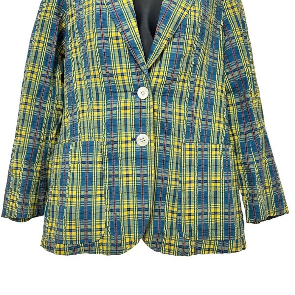 画像3: 昭和レトロ 80’s ワッシャー加工 テーラードジャケット コットン イエローとブルーのチェック レディース FUTABA  80’s Check Pattern Tailored Jacket (3)