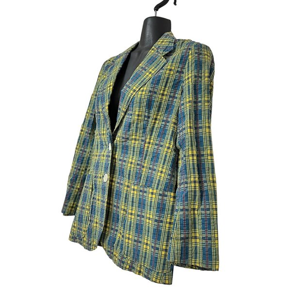 画像4: 昭和レトロ 80’s ワッシャー加工 テーラードジャケット コットン イエローとブルーのチェック レディース FUTABA  80’s Check Pattern Tailored Jacket (4)