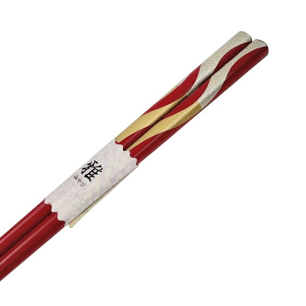 画像3: 未使用品 昭和レトロ お箸 雅 天然木 赤と金とシルバーのツイストデザイン (3)