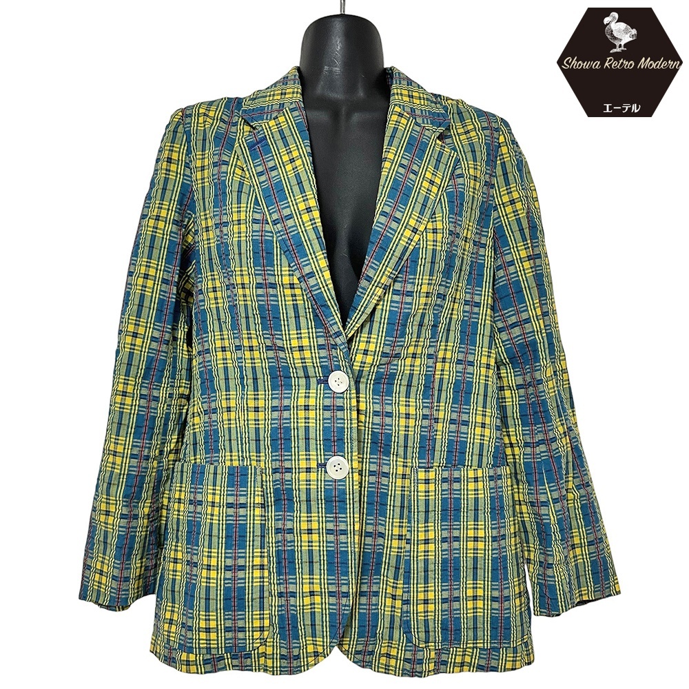 昭和レトロ 80’s ワッシャー加工 テーラードジャケット コットン イエローとブルーのチェック レディース FUTABA  80’s Check Pattern Tailored Jacket