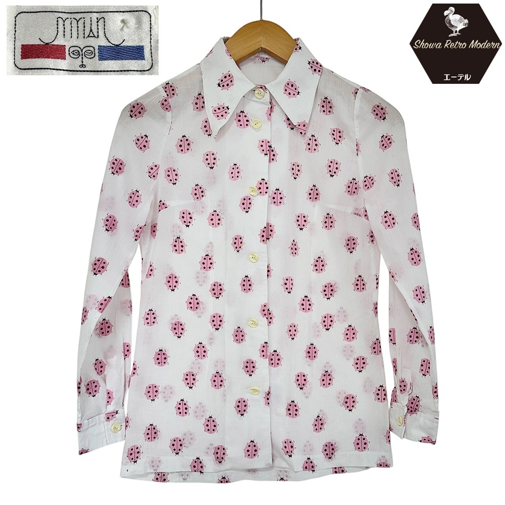 昭和レトロ 70’s  てんとう虫 イエロー 柄シャツ ブラウス  薄手の長袖